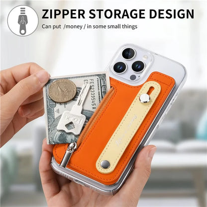 CY2 For iPhone 16 Pro Case Wristband Leather+PC Zipper Pocket Phone Cover RFID Blocking