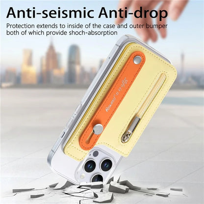 CY2 For iPhone 16 Pro Case Wristband Leather+PC Zipper Pocket Phone Cover RFID Blocking