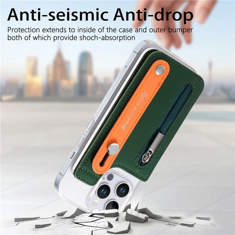 CY2 For iPhone 16 Pro Case Wristband Leather+PC Zipper Pocket Phone Cover RFID Blocking