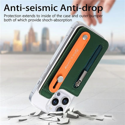 CY2 For iPhone 16 Pro Case Wristband Leather+PC Zipper Pocket Phone Cover RFID Blocking