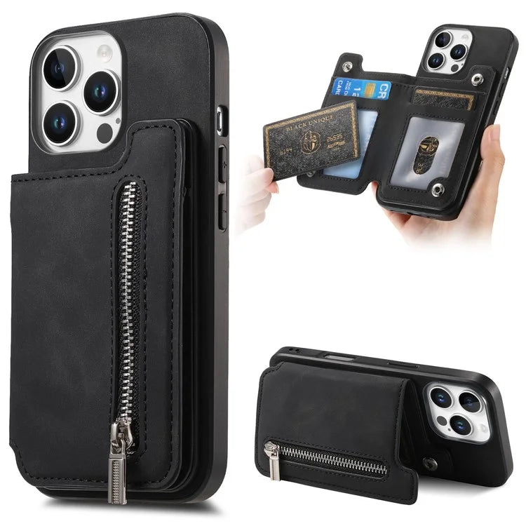 For iPhone 16 Pro Max Case Magnetic Detachable Zipper Card Holder Leather+TPU Phone Cover