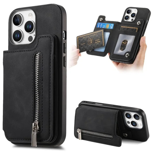 For iPhone 16 Pro Max Case Magnetic Detachable Zipper Card Holder Leather+TPU Phone Cover