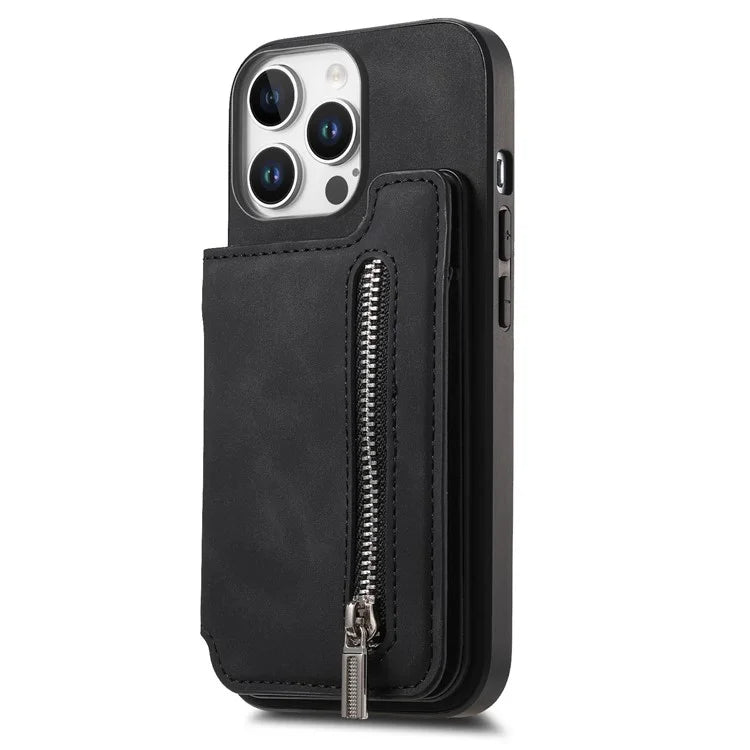 For iPhone 16 Pro Max Case Magnetic Detachable Zipper Card Holder Leather+TPU Phone Cover