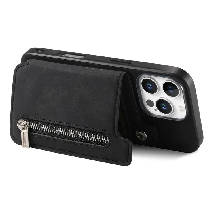 For iPhone 16 Pro Max Case Magnetic Detachable Zipper Card Holder Leather+TPU Phone Cover