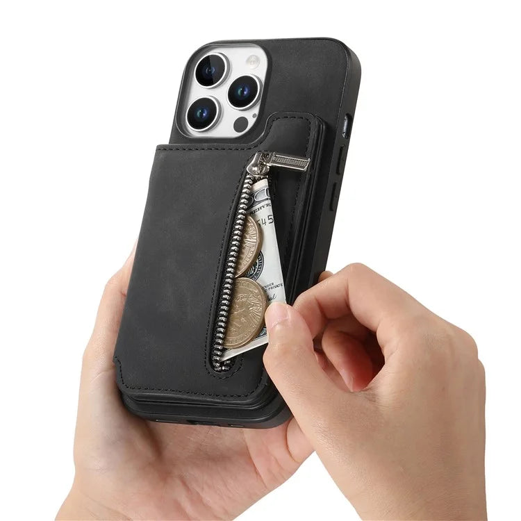 For iPhone 16 Pro Max Case Magnetic Detachable Zipper Card Holder Leather+TPU Phone Cover