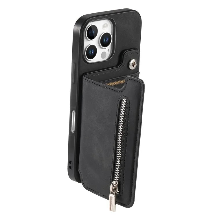 For iPhone 16 Pro Max Case Magnetic Detachable Zipper Card Holder Leather+TPU Phone Cover