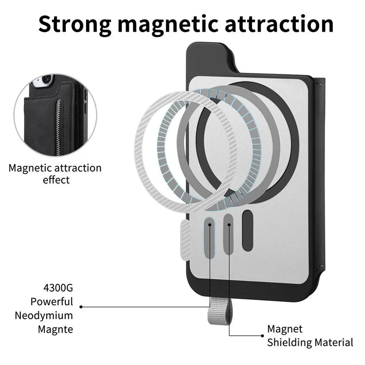 For iPhone 16 Pro Max Case Magnetic Detachable Zipper Card Holder Leather+TPU Phone Cover