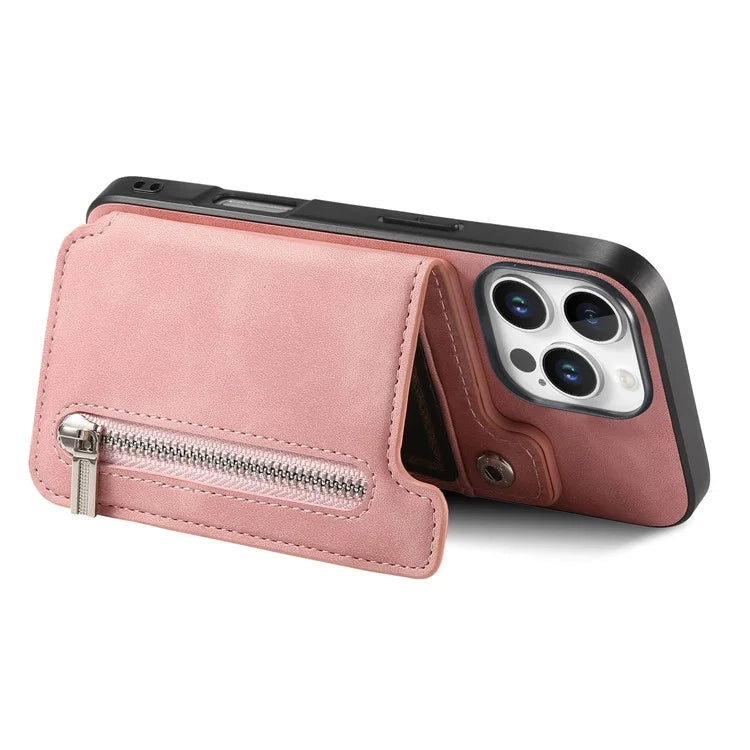 For iPhone 16 Pro Max Case Magnetic Detachable Zipper Card Holder Leather+TPU Phone Cover