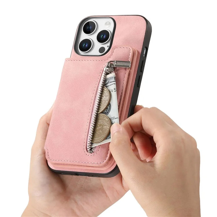 For iPhone 16 Pro Max Case Magnetic Detachable Zipper Card Holder Leather+TPU Phone Cover
