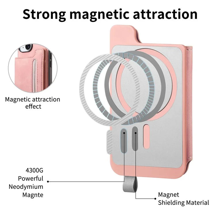 For iPhone 16 Pro Max Case Magnetic Detachable Zipper Card Holder Leather+TPU Phone Cover