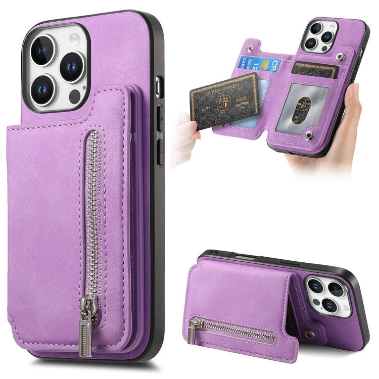 For iPhone 16 Pro Max Case Magnetic Detachable Zipper Card Holder Leather+TPU Phone Cover