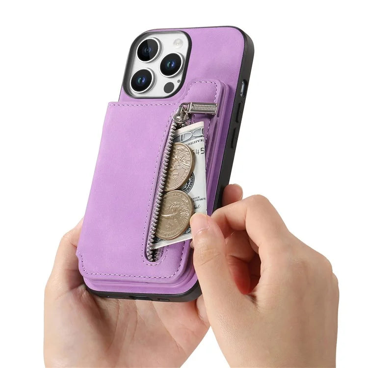 For iPhone 16 Pro Max Case Magnetic Detachable Zipper Card Holder Leather+TPU Phone Cover