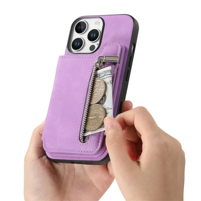 For iPhone 16 Pro Max Case Magnetic Detachable Zipper Card Holder Leather+TPU Phone Cover