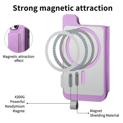 For iPhone 16 Pro Max Case Magnetic Detachable Zipper Card Holder Leather+TPU Phone Cover