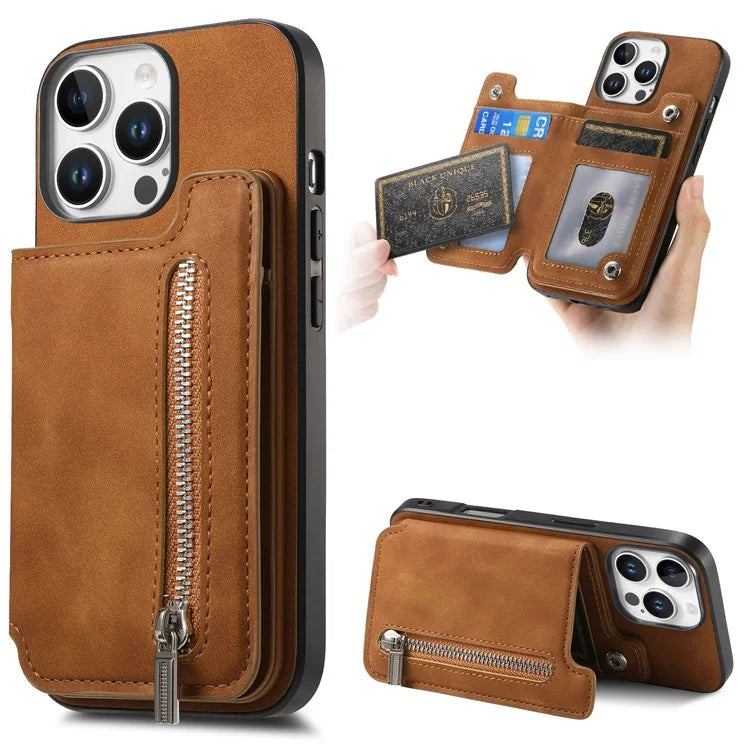For iPhone 16 Pro Max Case Magnetic Detachable Zipper Card Holder Leather+TPU Phone Cover