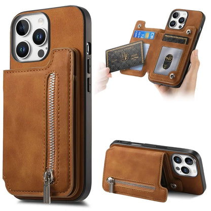 For iPhone 16 Pro Max Case Magnetic Detachable Zipper Card Holder Leather+TPU Phone Cover