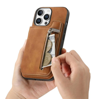 For iPhone 16 Pro Max Case Magnetic Detachable Zipper Card Holder Leather+TPU Phone Cover