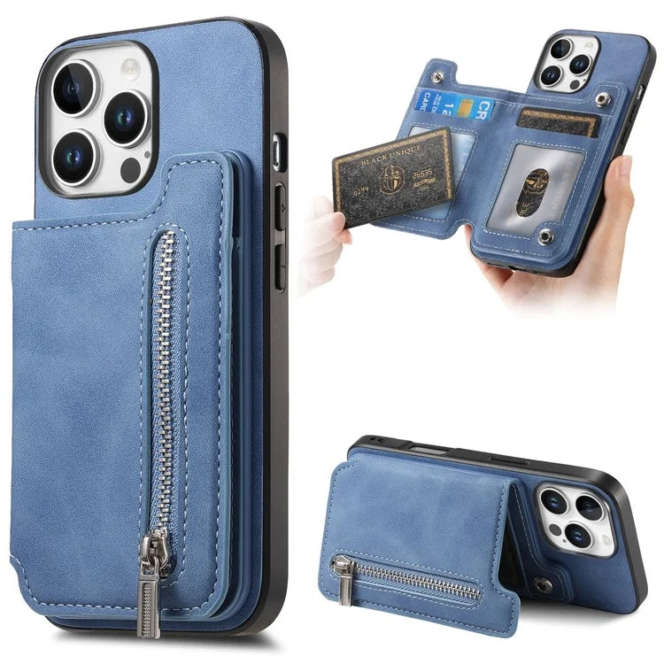 For iPhone 16 Pro Max Case Magnetic Detachable Zipper Card Holder Leather+TPU Phone Cover