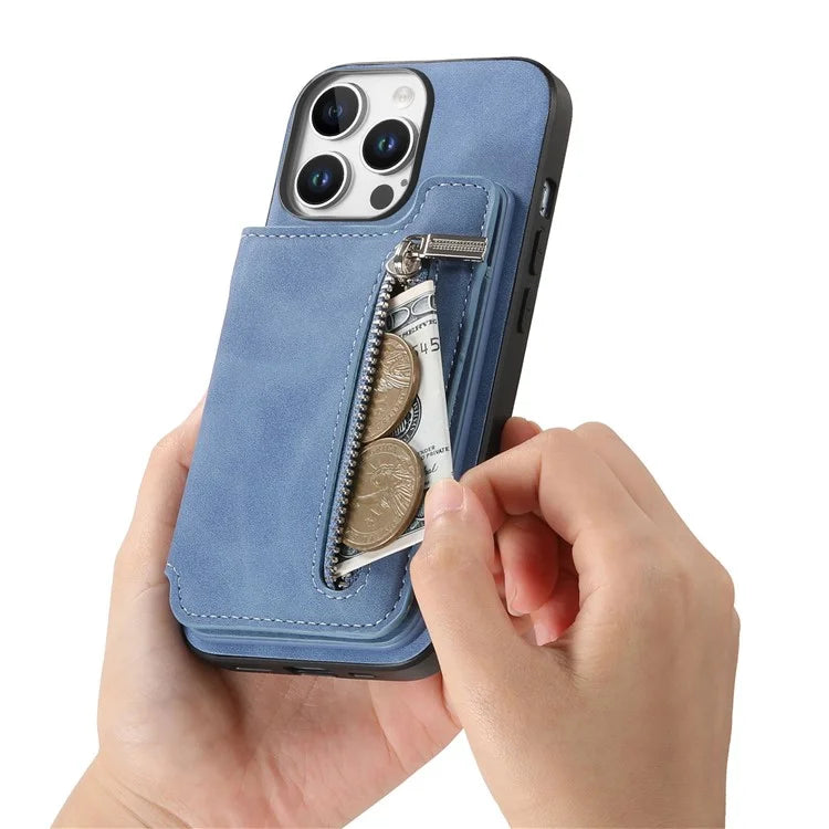 For iPhone 16 Pro Max Case Magnetic Detachable Zipper Card Holder Leather+TPU Phone Cover