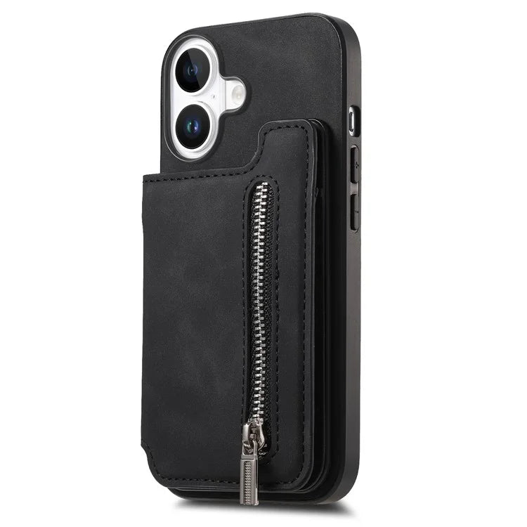 For iPhone 16 Case Magnetic Detachable Zipper Card Holder Leather+TPU Phone Cover