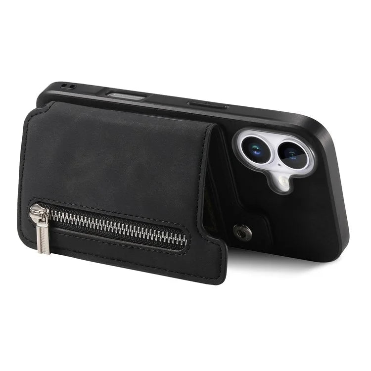 For iPhone 16 Case Magnetic Detachable Zipper Card Holder Leather+TPU Phone Cover