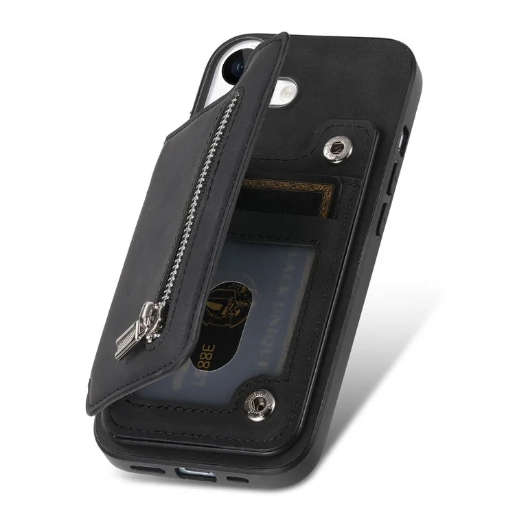 For iPhone 16 Case Magnetic Detachable Zipper Card Holder Leather+TPU Phone Cover
