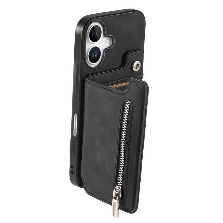 For iPhone 16 Case Magnetic Detachable Zipper Card Holder Leather+TPU Phone Cover