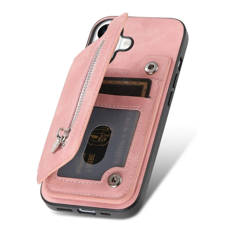 For iPhone 16 Case Magnetic Detachable Zipper Card Holder Leather+TPU Phone Cover
