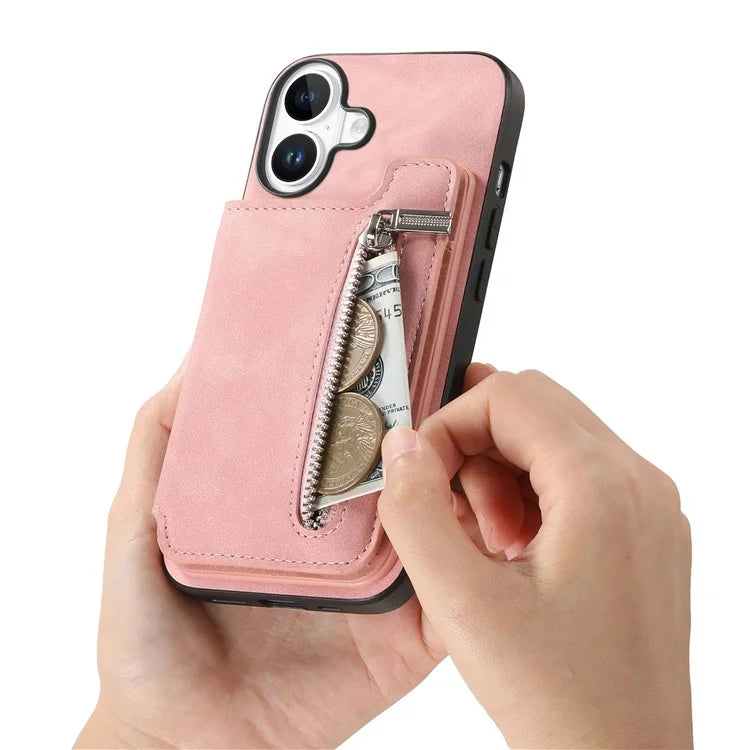 For iPhone 16 Case Magnetic Detachable Zipper Card Holder Leather+TPU Phone Cover