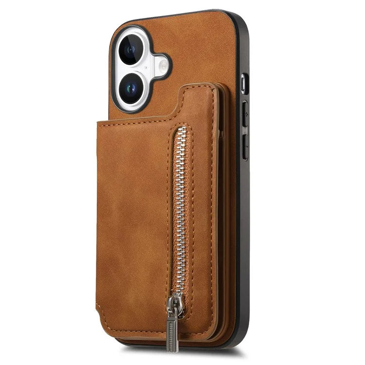 For iPhone 16 Case Magnetic Detachable Zipper Card Holder Leather+TPU Phone Cover
