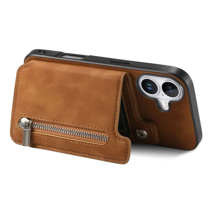 For iPhone 16 Case Magnetic Detachable Zipper Card Holder Leather+TPU Phone Cover