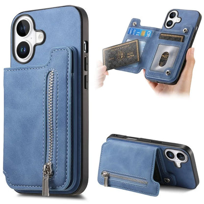 For iPhone 16 Case Magnetic Detachable Zipper Card Holder Leather+TPU Phone Cover