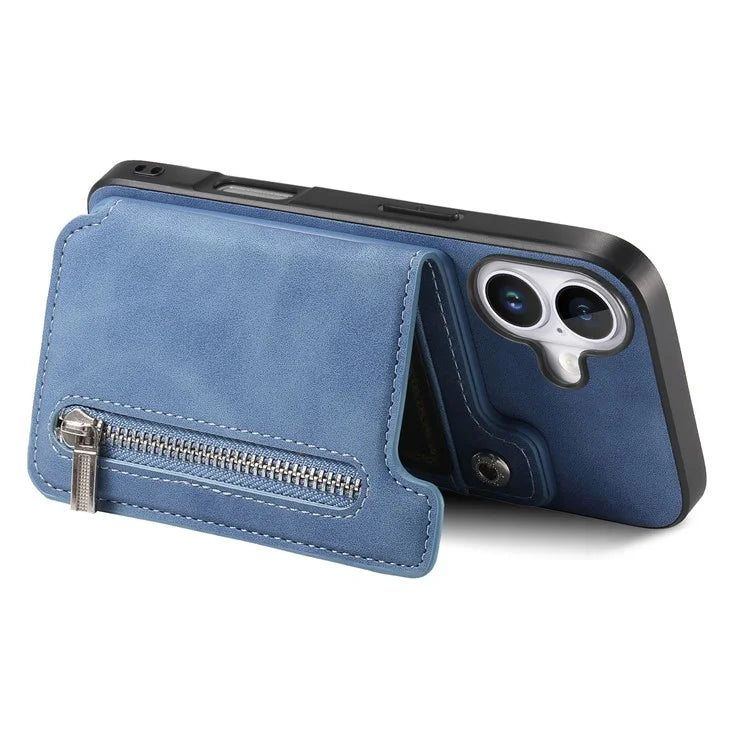 For iPhone 16 Case Magnetic Detachable Zipper Card Holder Leather+TPU Phone Cover