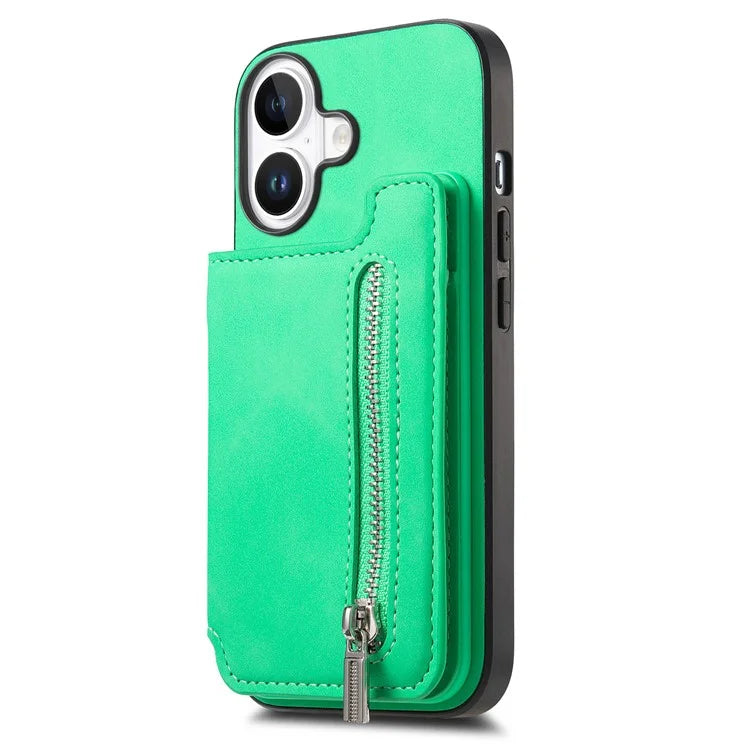 For iPhone 16 Case Magnetic Detachable Zipper Card Holder Leather+TPU Phone Cover