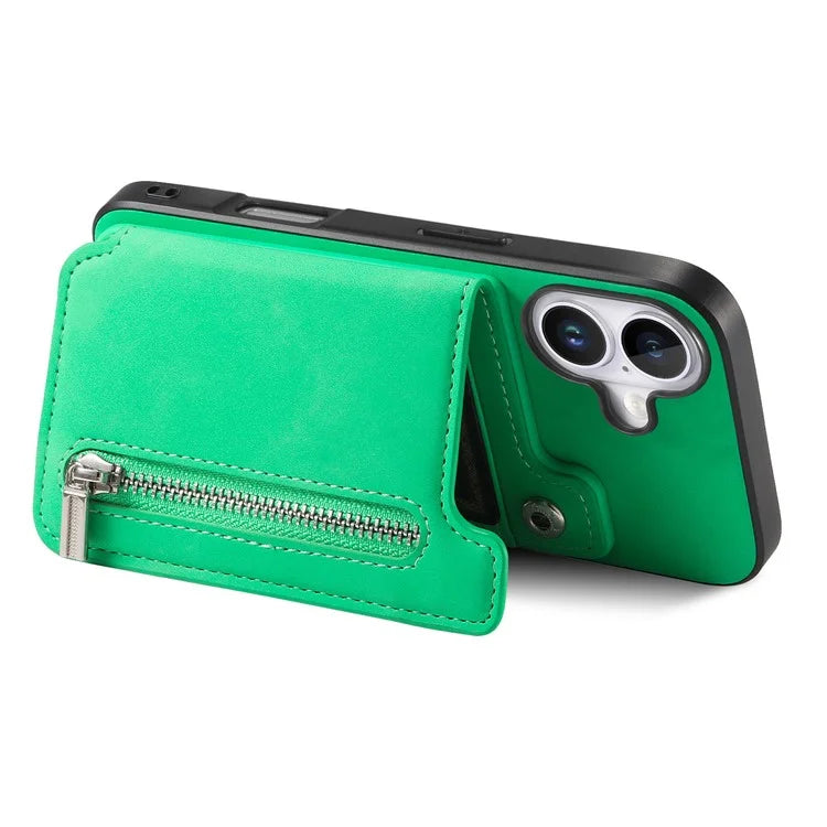 For iPhone 16 Case Magnetic Detachable Zipper Card Holder Leather+TPU Phone Cover