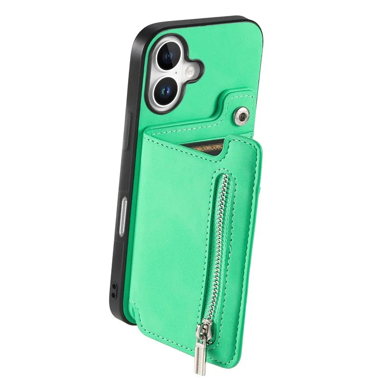 For iPhone 16 Case Magnetic Detachable Zipper Card Holder Leather+TPU Phone Cover