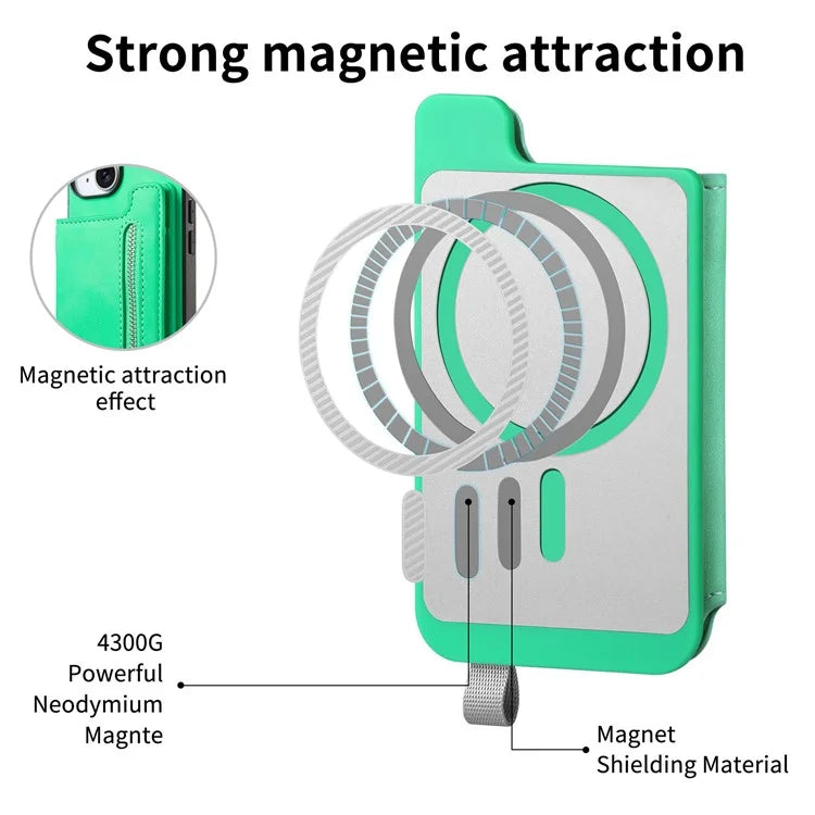 For iPhone 16 Case Magnetic Detachable Zipper Card Holder Leather+TPU Phone Cover