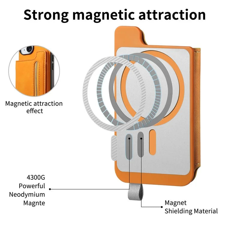 For iPhone 16 Case Magnetic Detachable Zipper Card Holder Leather+TPU Phone Cover