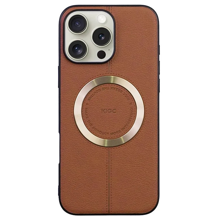 KIGC For iPhone 16 Pro Max Case Compatible with MagSafe Litchi Texture Leather Coated PC+TPU Phone Cover