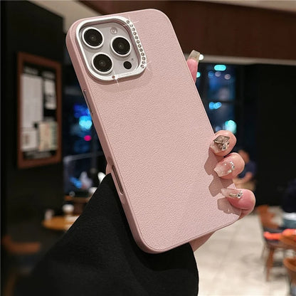 For iPhone 16 Pro Case Rhinestone Decor Lens Frame Leather+PC Phone Cover