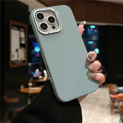 For iPhone 16 Pro Case Rhinestone Decor Lens Frame Leather+PC Phone Cover