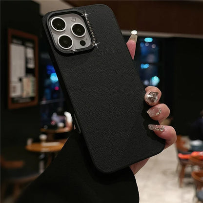 For iPhone 16 Pro Case Rhinestone Decor Lens Frame Leather+PC Phone Cover