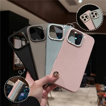 For iPhone 16 Pro Case Rhinestone Decor Lens Frame Leather+PC Phone Cover