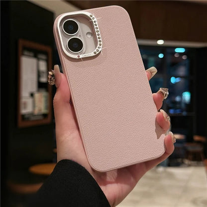 For iPhone 16 Case Rhinestone Decor Lens Frame Leather+PC Phone Cover