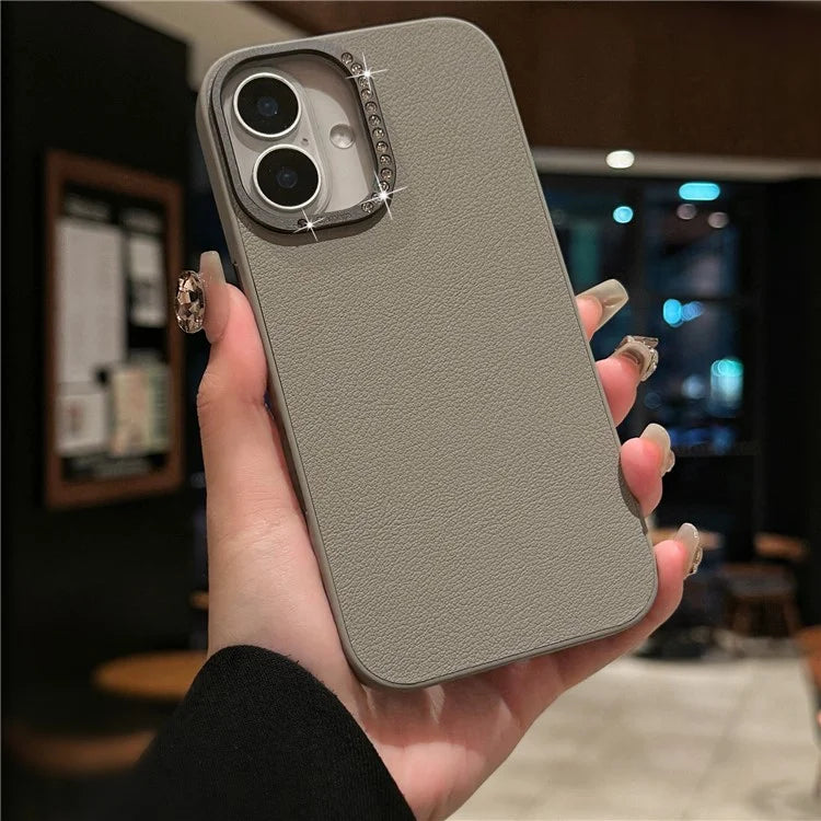 For iPhone 16 Case Rhinestone Decor Lens Frame Leather+PC Phone Cover