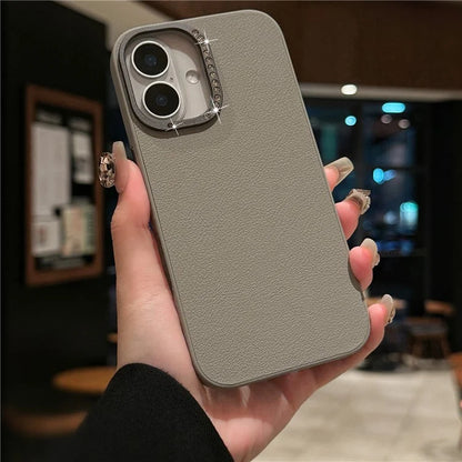 For iPhone 16 Case Rhinestone Decor Lens Frame Leather+PC Phone Cover