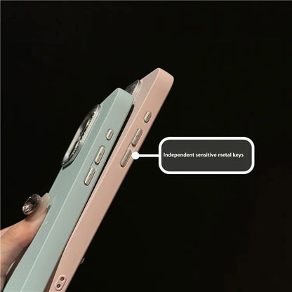 For iPhone 16 Case Rhinestone Decor Lens Frame Leather+PC Phone Cover