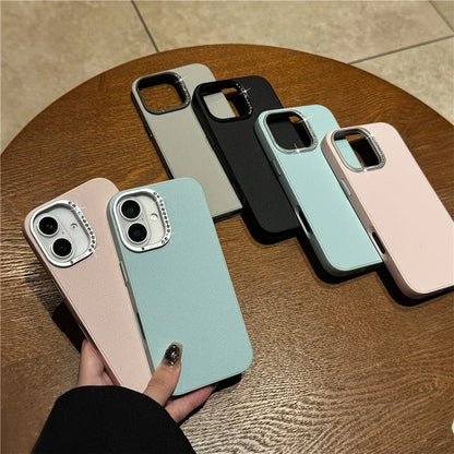 For iPhone 16 Case Rhinestone Decor Lens Frame Leather+PC Phone Cover