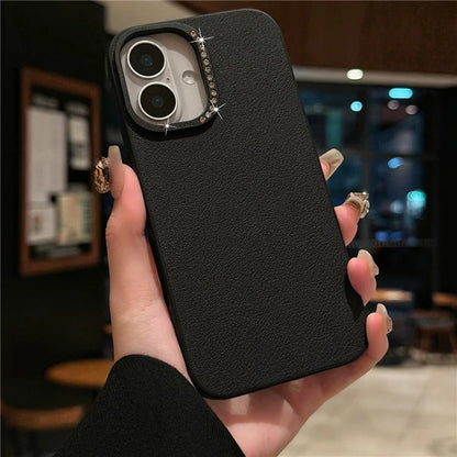 For iPhone 16 Case Rhinestone Decor Lens Frame Leather+PC Phone Cover