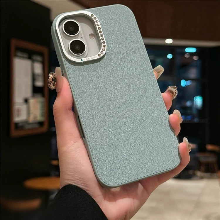 For iPhone 16 Case Rhinestone Decor Lens Frame Leather+PC Phone Cover